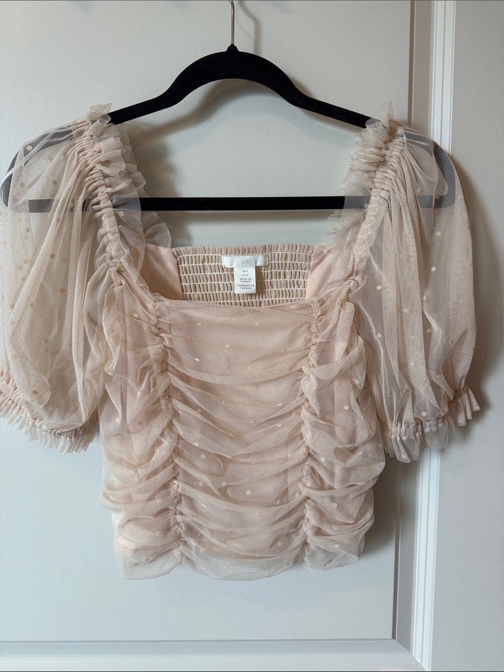 H&M Blush Pink Ruched Sheer Ruffle Puff Sleeve Top
